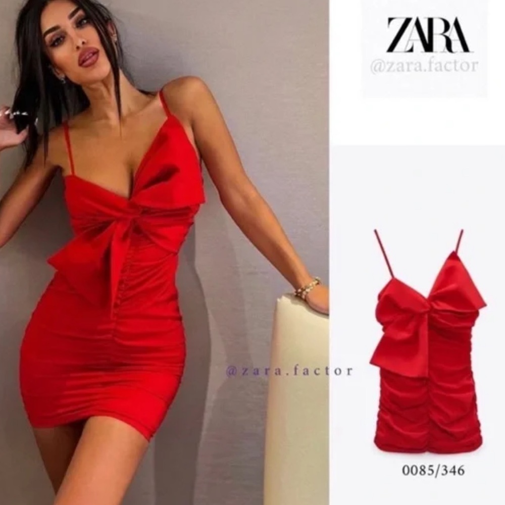 Zara Red Scarlet Bow Gathered Ruched Mini Dress